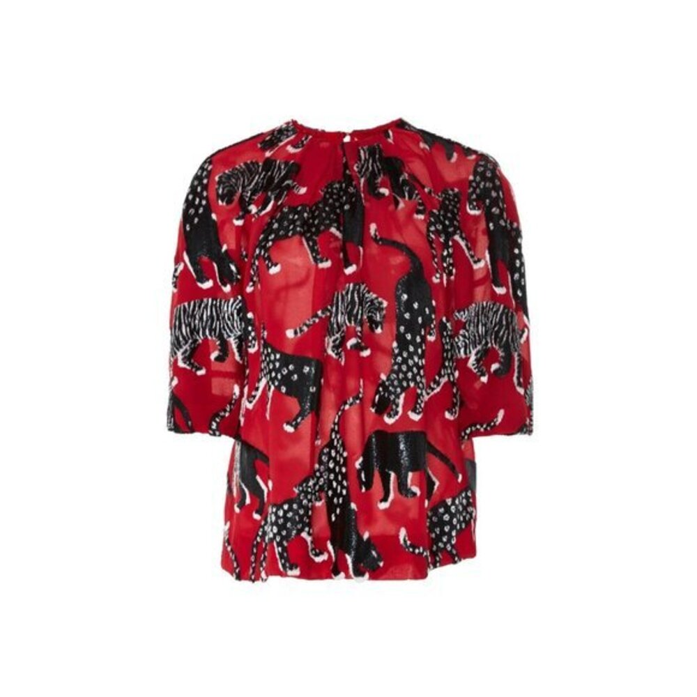 Carolina Herrera Red Silk Blouse Black Tigers Leopards Top Sz 6 NWT $1,690